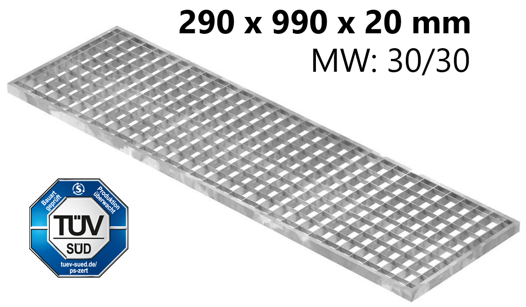 Lichtschachtrost Baunormrost - Masse-  290x990x20 mm 30-30 mm - aus S235JR -St37-2- im Vollbad feuerverzinkt-23-29993020.7