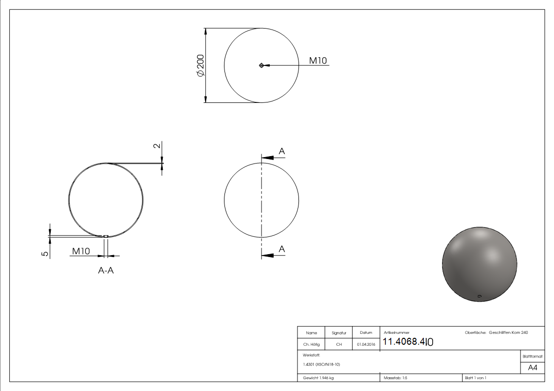 Hohlkugel Ø 200 mm mit Gewinde M10 V2A-11-4068.4