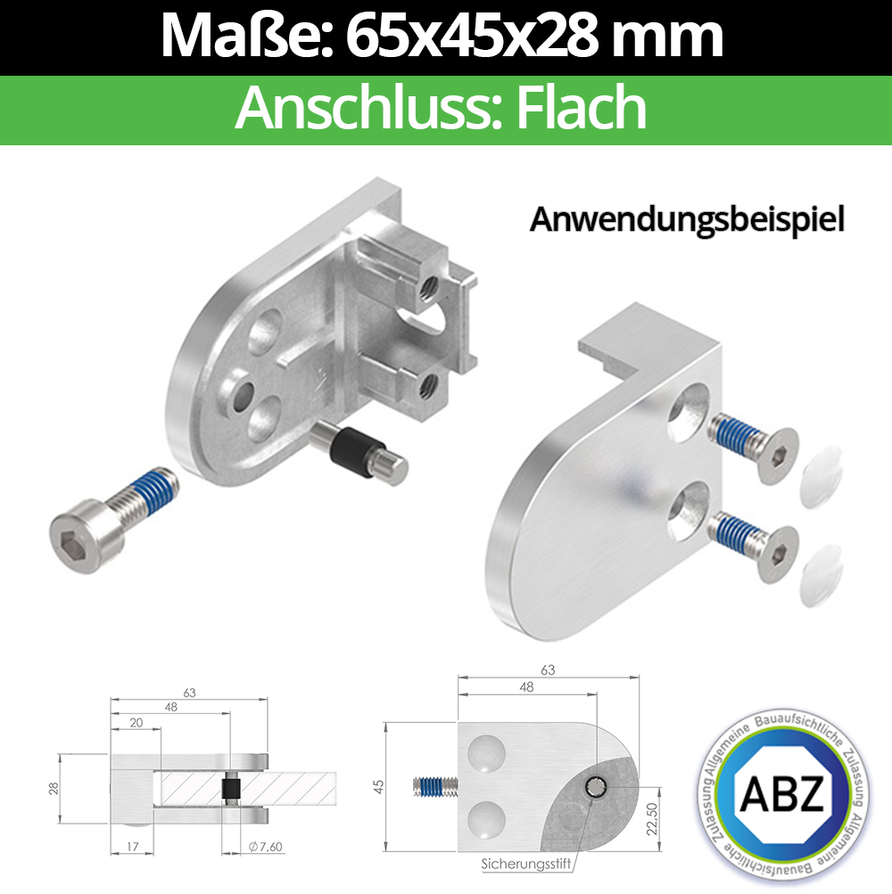Glasklemme ABZ 65x45x28 mm Flach- ZAMAK - Zinkdruckguss- fuer 8-00 mm ESG Glas- Nein - Ohne Sicherungsstift-10-MODELL32-1-4-7.1