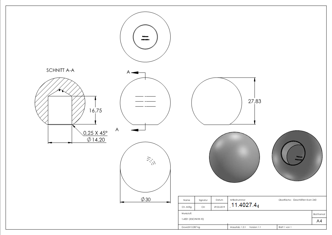 Kugel - Ø 30 mm - mit Sackloch- 14-2 mm - V2A Vollmaterial-11-4027.4