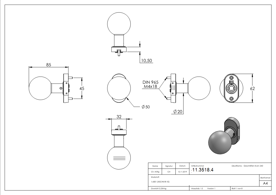 Drueckerknopf V2A Edelstahl Ø 50 mm drehbar-11-3518.4