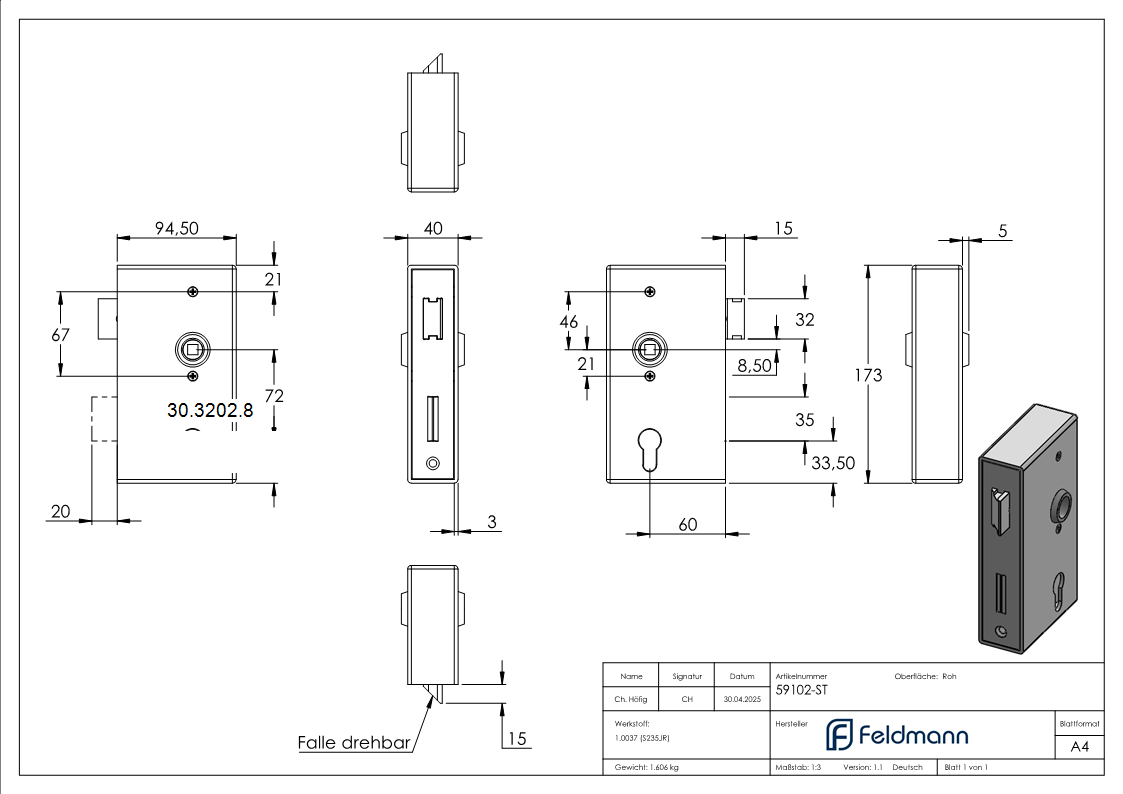 Schlosskasten - Masse- 173x94-5x40 mm - Dorn- 60 mm - Stahl -roh- S235 JR-30-3202.8