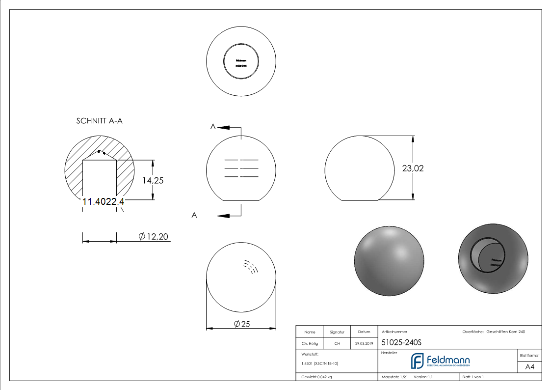 Kugel - Ø 25 mm - mit Sackloch- 12-2 mm - V2A Vollmaterial-11-4022.4