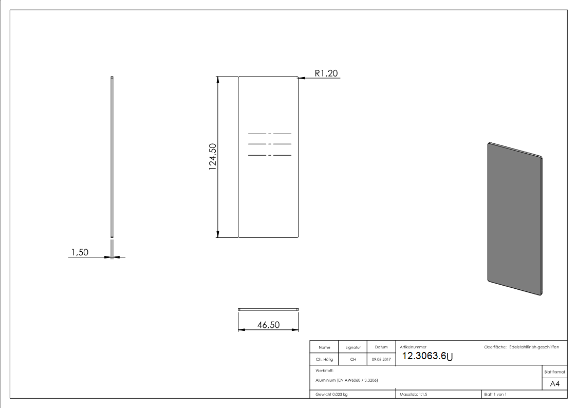 Endkappe - fuer Ganzglasgelaender - Masse- 124-5x46-5x1-5 mm - Aluminium-12-3063.6