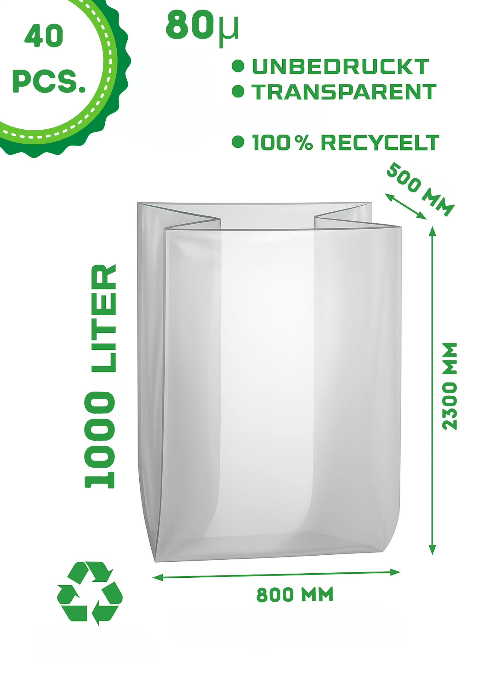 5x Schwerlastsaecke 1000 Liter 80my Transparent - Industrie Muellsaecke 230cm hoch - Fuer Bauschutt - Matratzen-1SFB800-500X230080_5