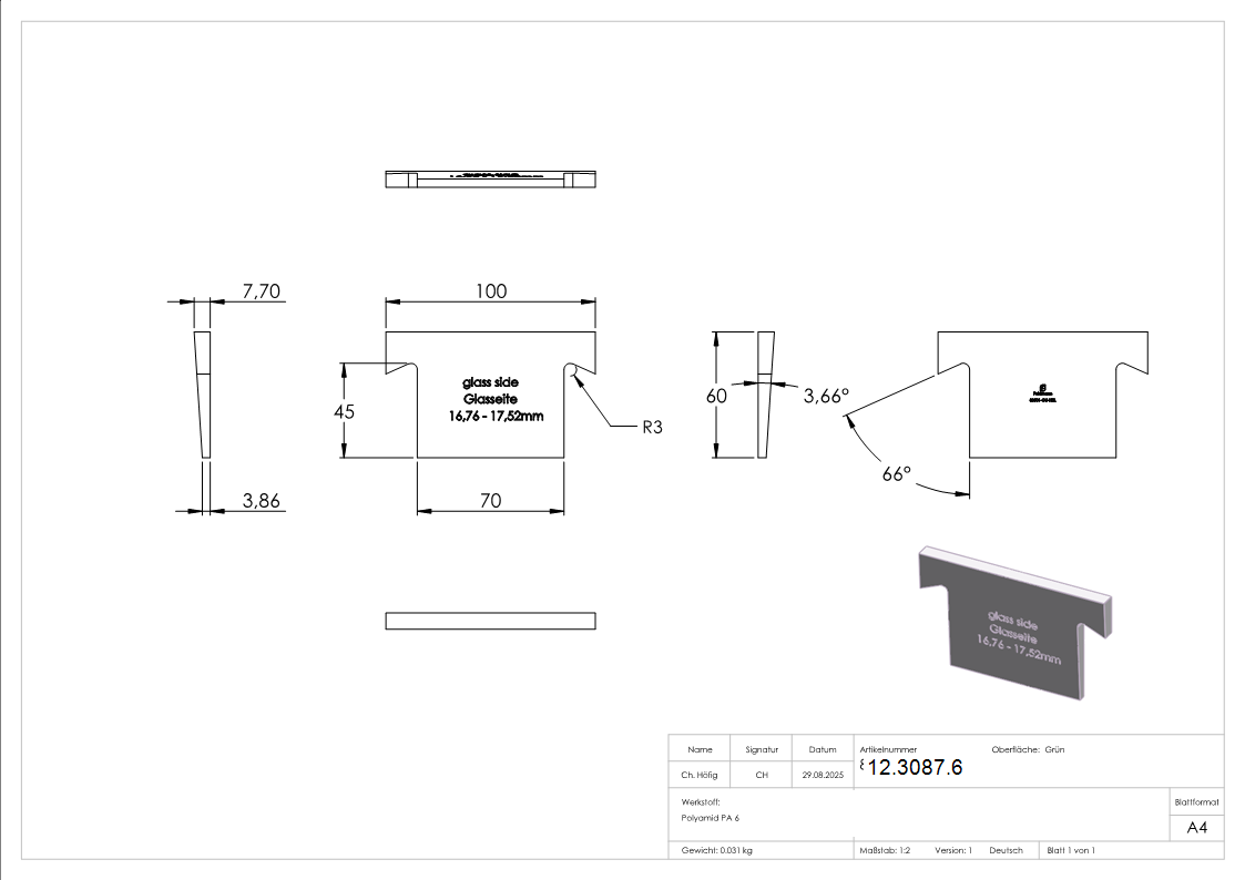 Keil - fuer Aluprofil - fuer Glas 16-76-17-52 mm-12-3087.6