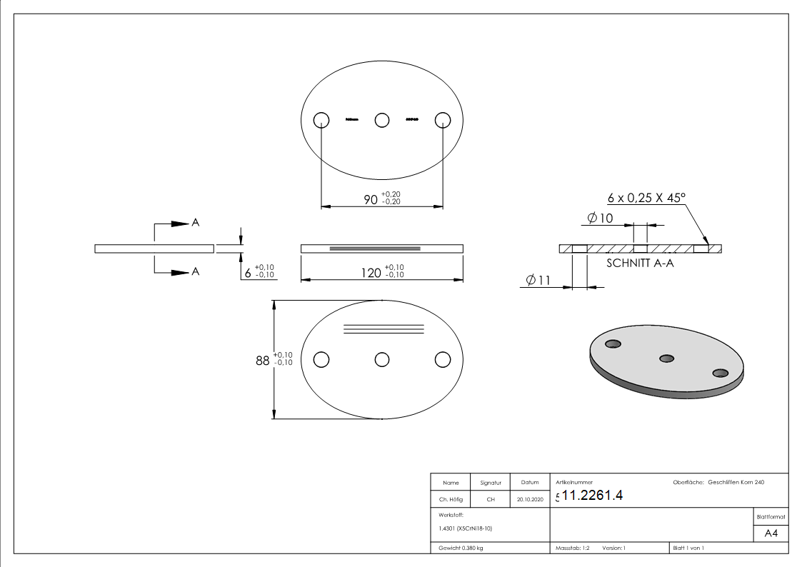 Ankerplatte Masse- 120 x 88 x 6 mm mit Zentrierbohrung- Ø 10 mm V2A-11-2261.4