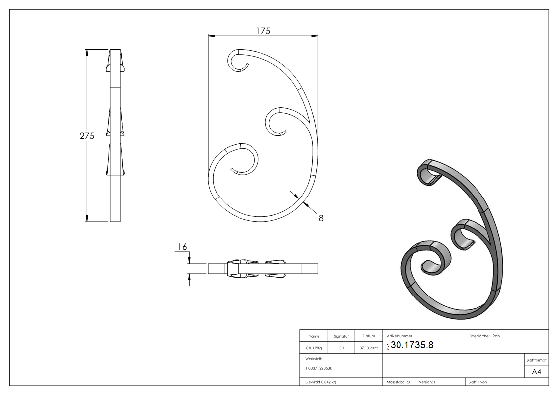 16er Serie - Masse- 180x275 mm - Material- 16x8 mm- glatt - Stahl S235JR- roh-30-1735.8