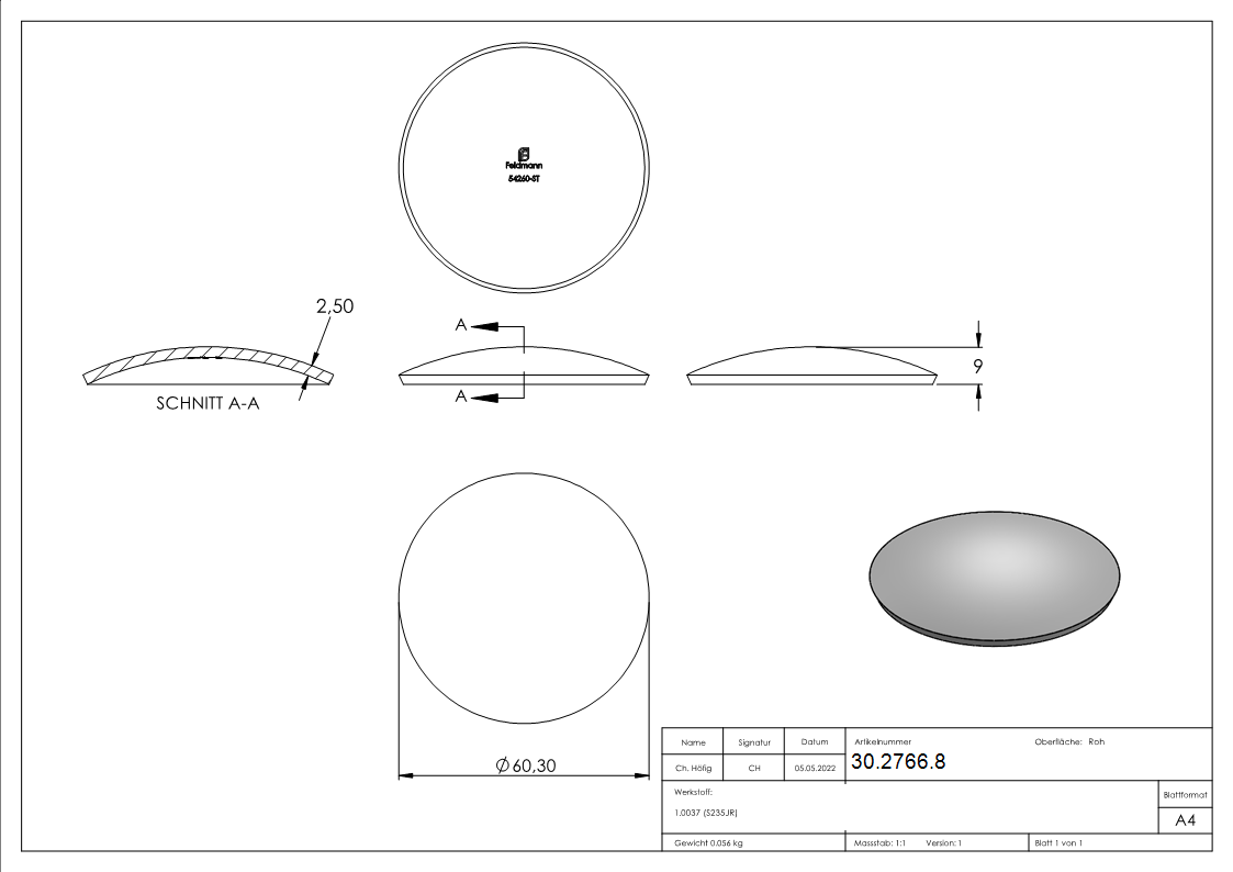 Klopperboden Rohrabschluss Ø 60-3x2-5 mm Stahl roh Hoehe- 9 mm-30-2766.8