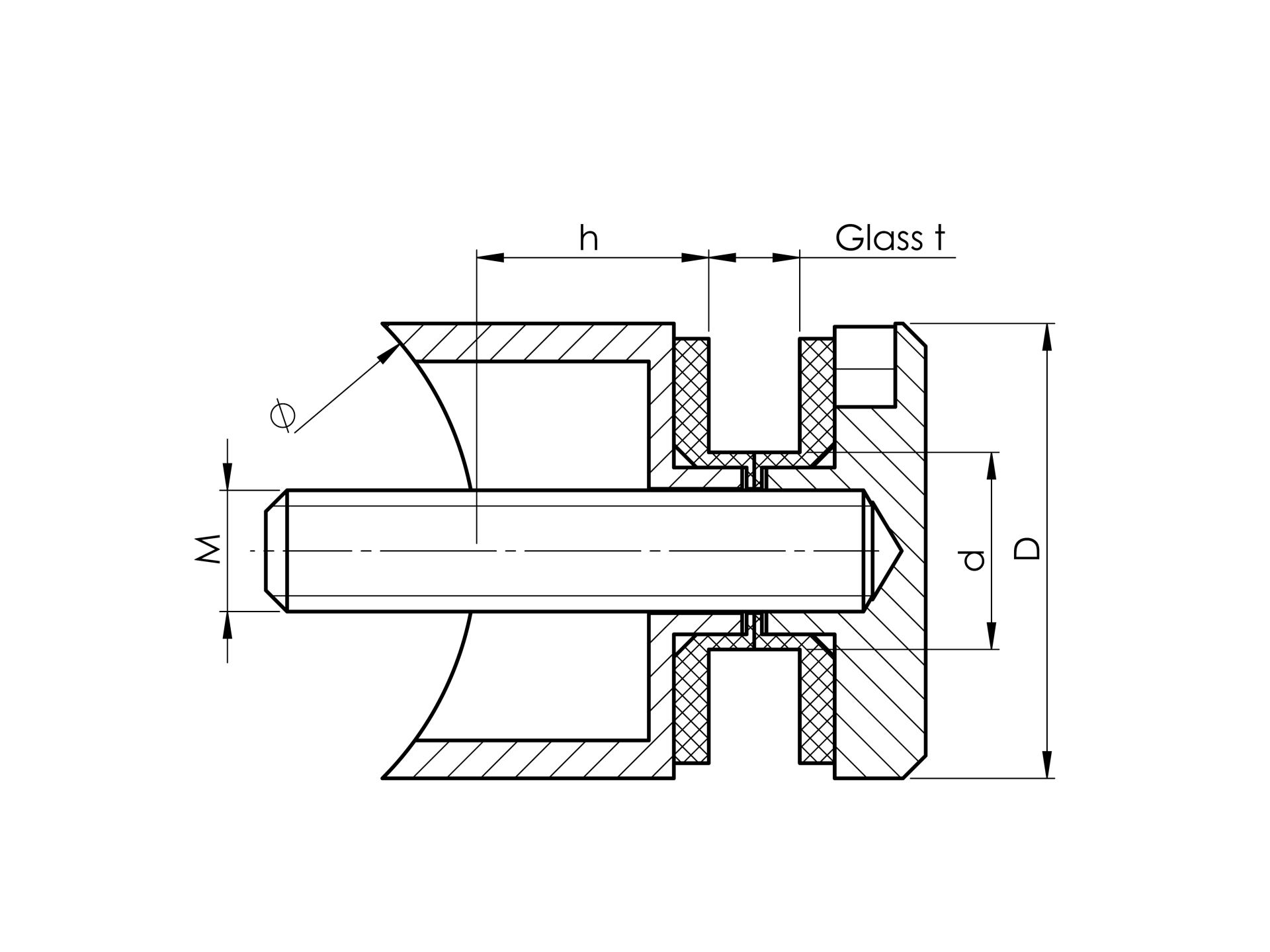 Glasklemme Edelstahl AISI 304 fuer Glas 6-12-76 mm Pfosten D33-7 mm Loch 15 mm Schliff-89-11A0746033-A.4