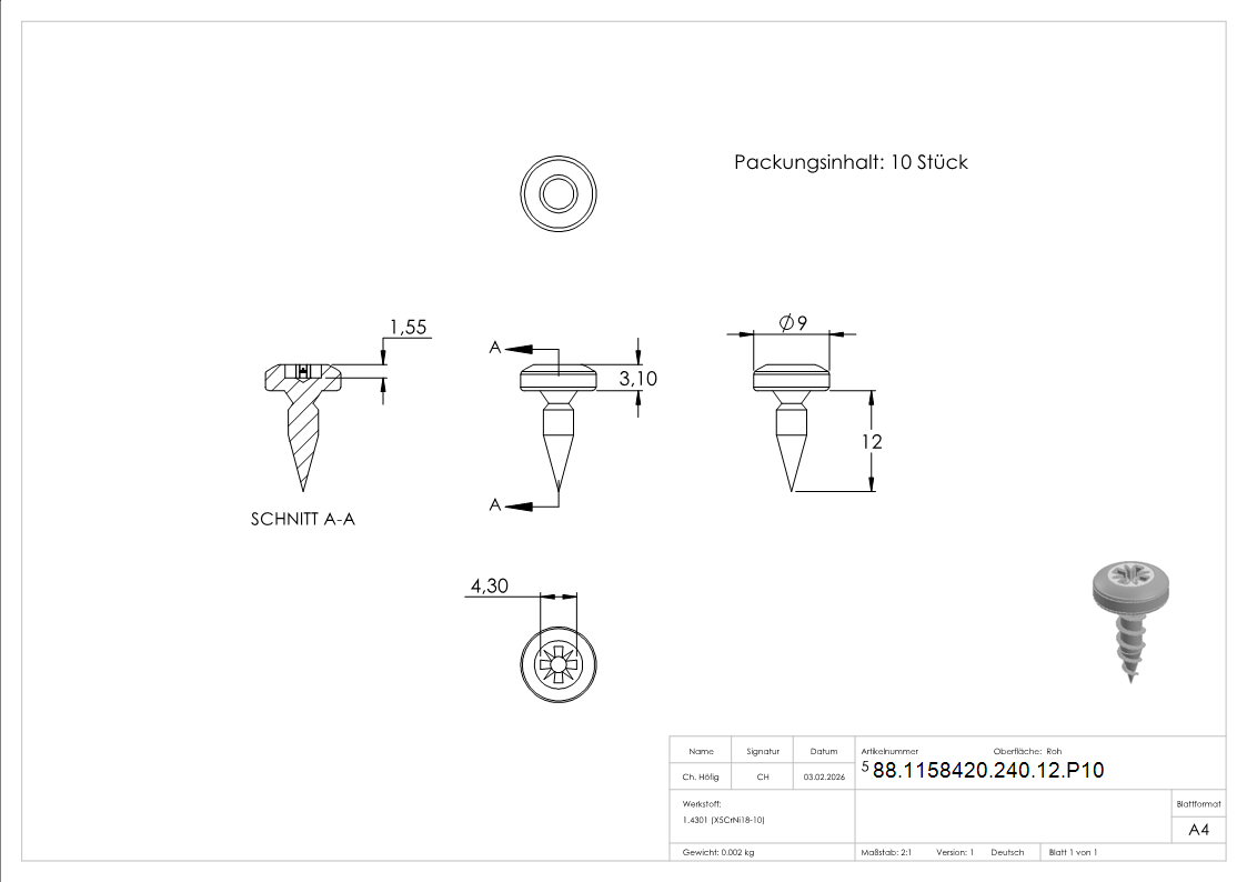 Holzschrauben Set V2A 4x12 mm Halbrundkopf Vollgewinde 10 Stk-88-1158420-240-12.P10