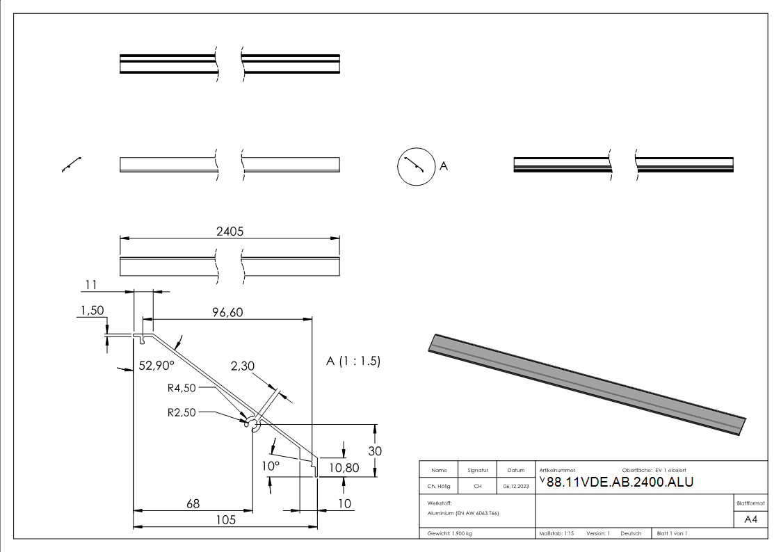 Design-Abdeckung fuer eleganza canopy- L=2405mm- Aluminium E4-EV1-88-11VDE-AB-2400.ALU