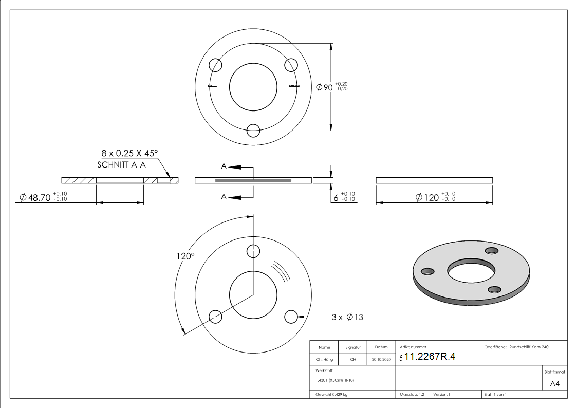 Ankerplatte Masse- 120x6 mm Rundschliff und Mittelbohrung V2A-11-2267R.4