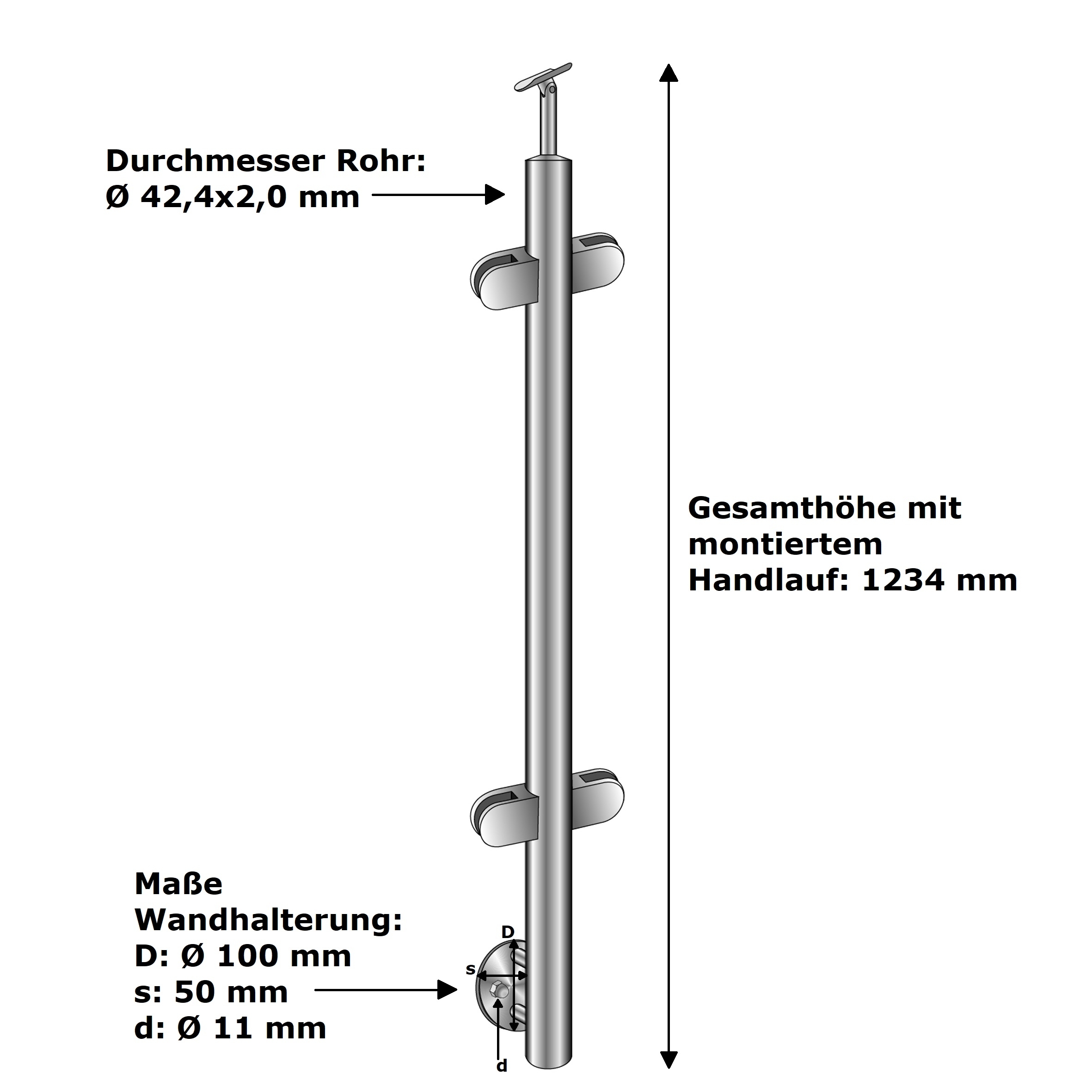 Gelaenderpfosten Edelstahl AISI 304 1000 mm Treppe seitliche Glasfuellung-14-0047RG-A.4