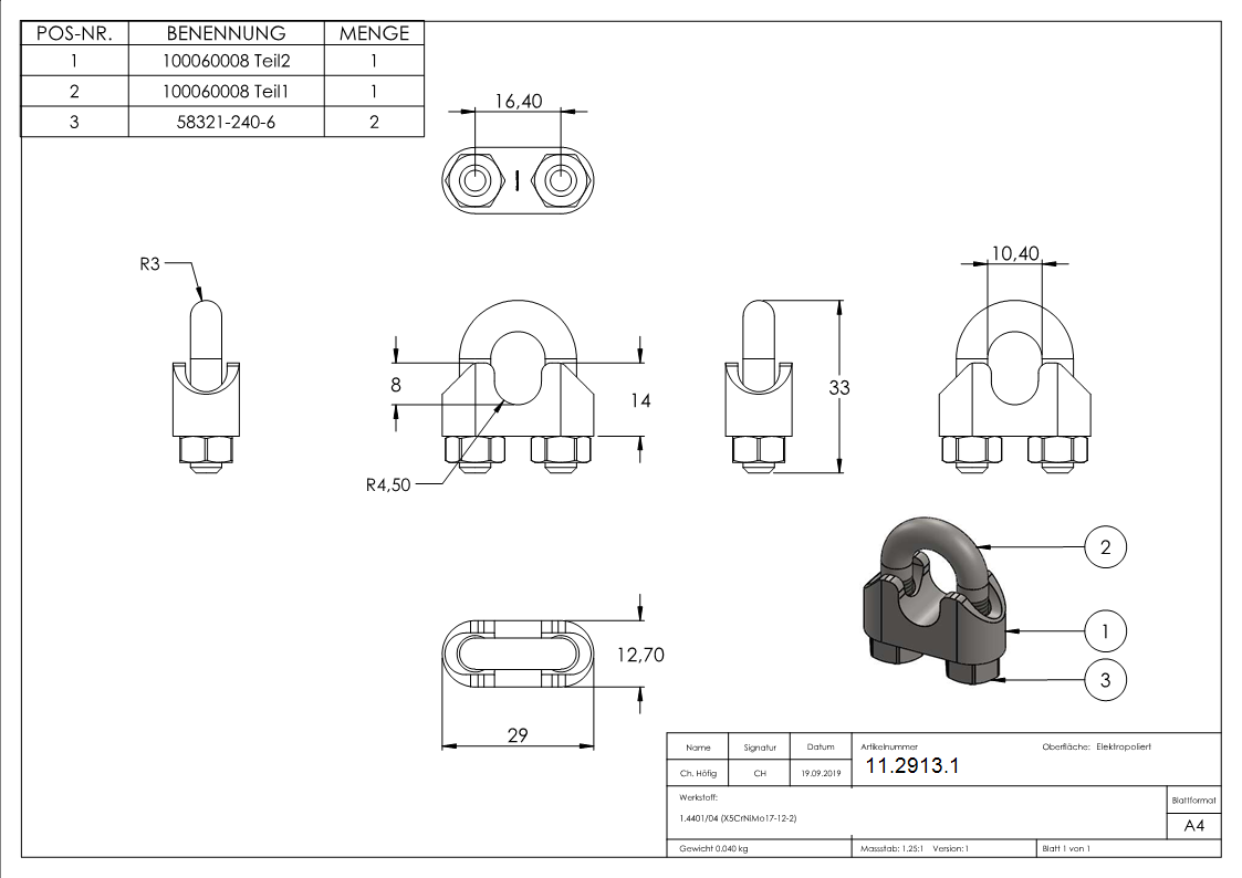 Drahtseilklemme - fuer Seil Ø- 8 mm - Gewinde- M6 - V4A-11-2913.1