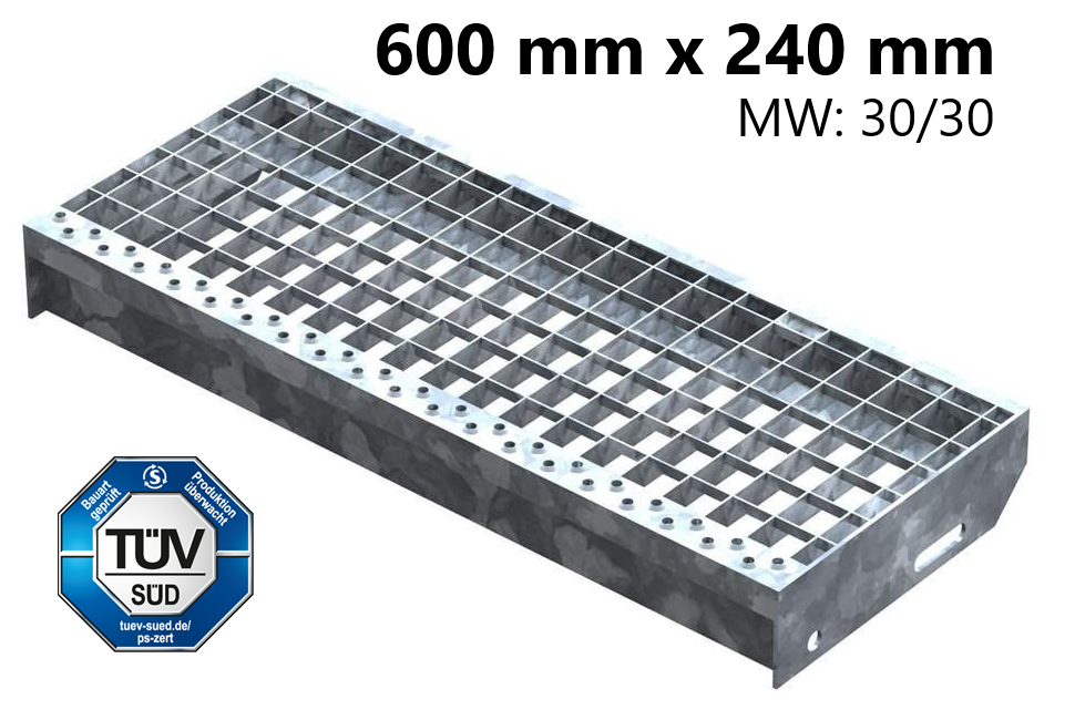 Gitterroststufe Treppenstufe Masse- 600x240 mm 30-30 mm S235JR -St37-2- im Vollbad feuerverzinkt-40-602430.7
