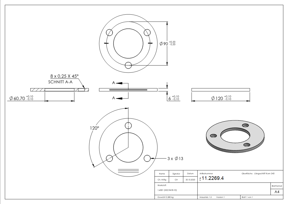 Ankerplatte Masse- 120x6 mm Laengsschliff und Mittelbohrung V2A-11-2269.4