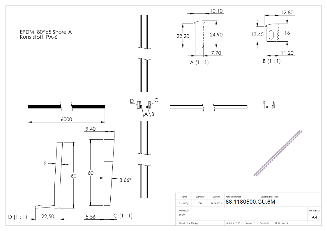 Montageset fuer Aluprofil Glas 12-76–13-52 mm- L 6000 mm-88-1180500-GU.6M