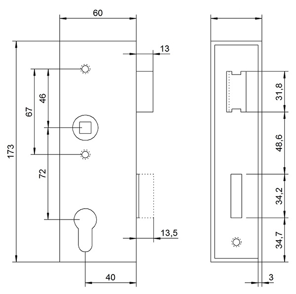 Schlosskasten - Masse- 173x60x40 mm - Dorn- 40 mm - Stahl -roh- S235 JR-30-3201.8