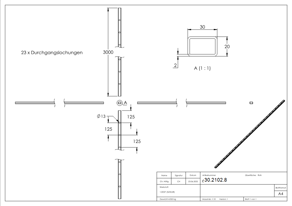 Rechteckrohr - Masse- 30x20x2 mm - Laenge- 3000 mm - Stahl S235JR- roh-30-2102.8