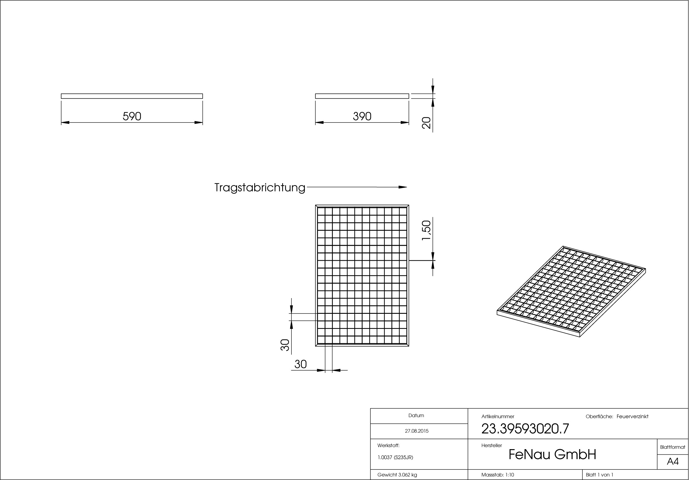Lichtschachtrost Baunormrost - Masse-  390x590x20 mm 30-30 mm - aus S235JR -St37-2- im Vollbad feuerverzinkt-23-39593020.7