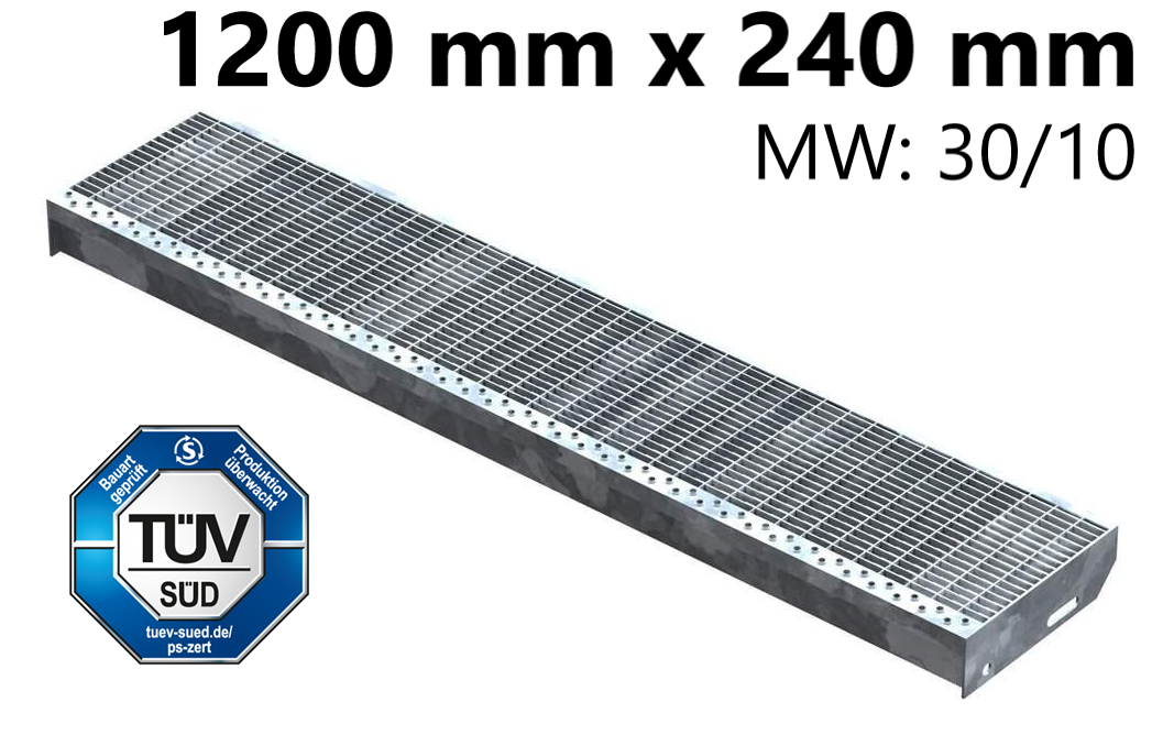 Gitterroststufe Treppenstufe Masse- 1200x240 mm 30-10 mm S235JR -St37-2- im Vollbad feuerverzinkt-40-1202431.7