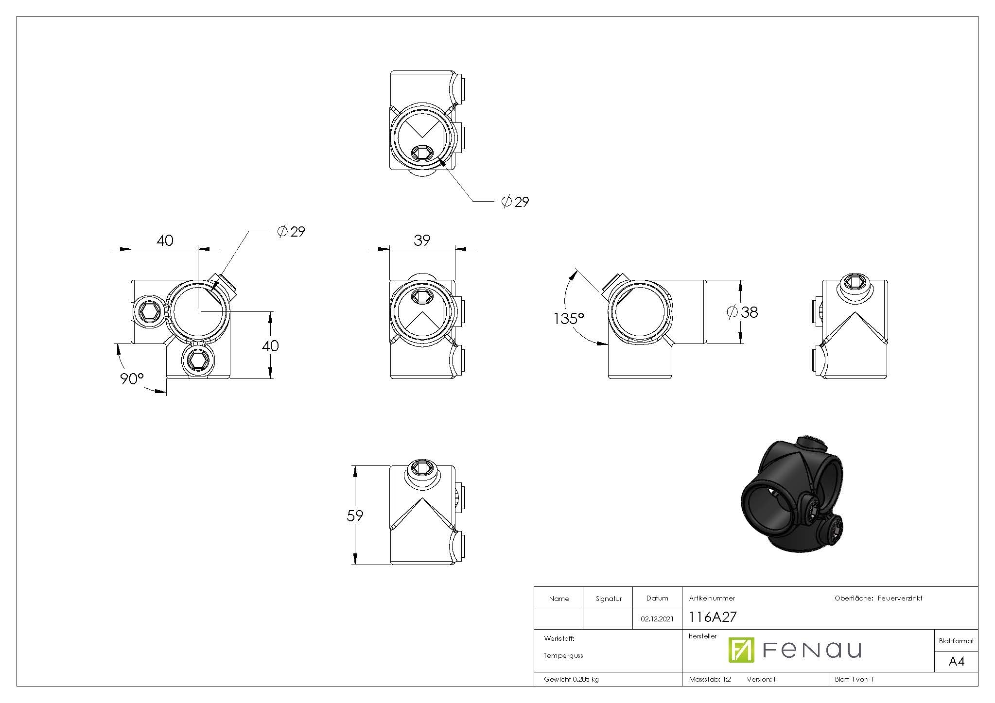 Rohrverbinder - Eckstueck durchgehend - 116A27 - 26-9 mm - 3-4- - Feuerverzinkt u. Elektrogalvanisiert-116A27