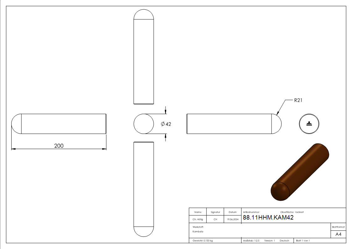 Holzhandlauf Kambala Holz Ø 42 mm Laenge 200 mm lackiert-88-11HHM.KAM42