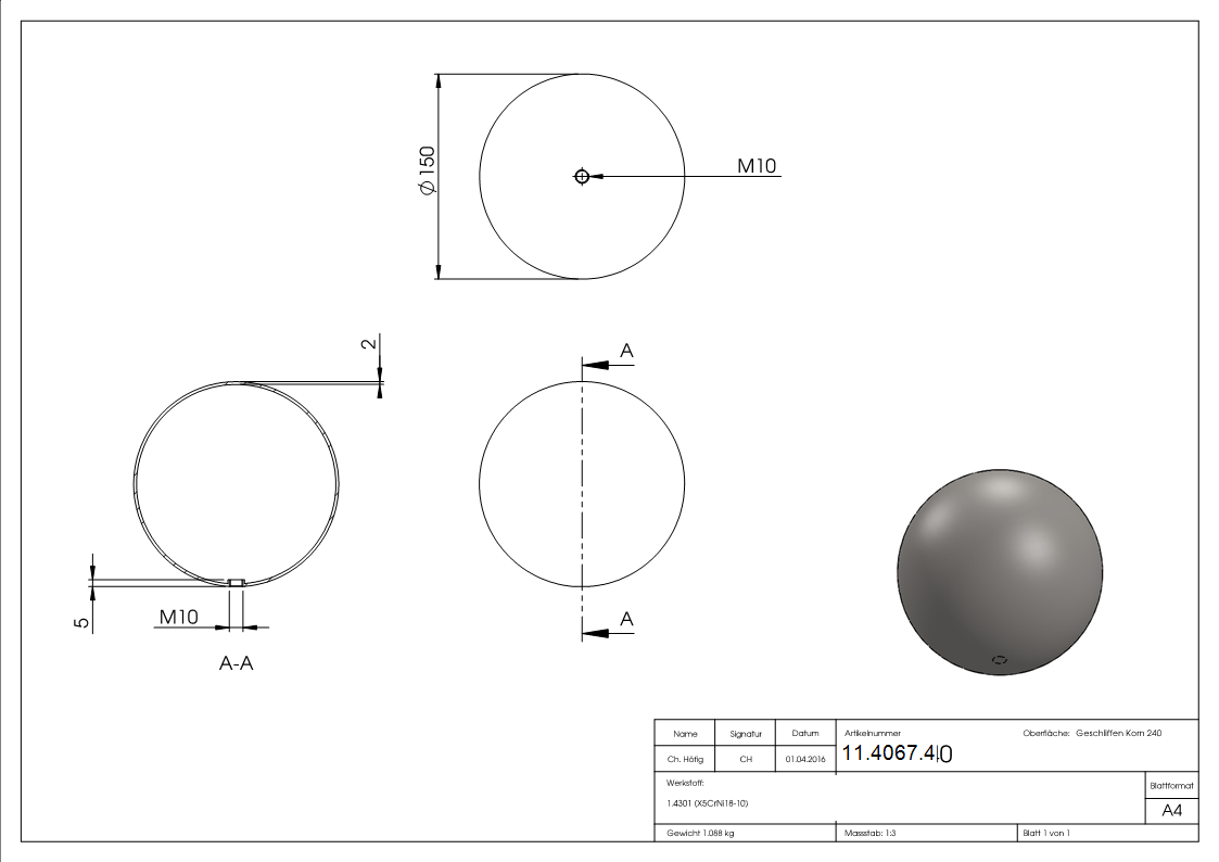 Hohlkugel Ø 150 mm mit Gewinde M10 V2A-11-4067.4