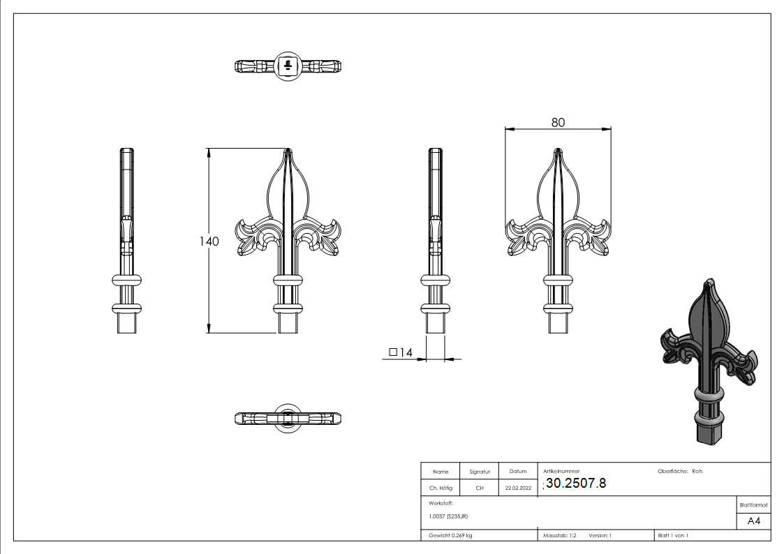 Zaunspitze - Hoehe- 140 mm - Material- 14x14 mm - Stahl S235JR- roh-30-2507.8