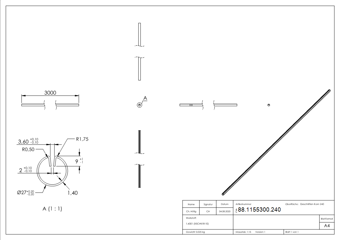 Klemmprofil Edelstahl V2A Ø 27 x 1-5 mm L = 3000 mm geschliffen Korn 240-88-1155300.240