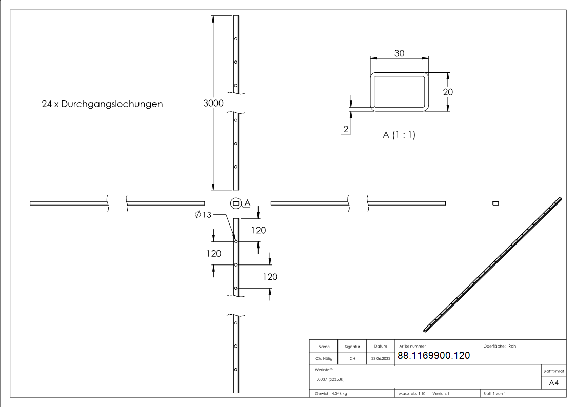 Rechteckrohr Stahl roh 30x20x2 mm L- 3000 mm Bohrung Ø 12 mm Lochabstand 120 mm-88-1169900.120