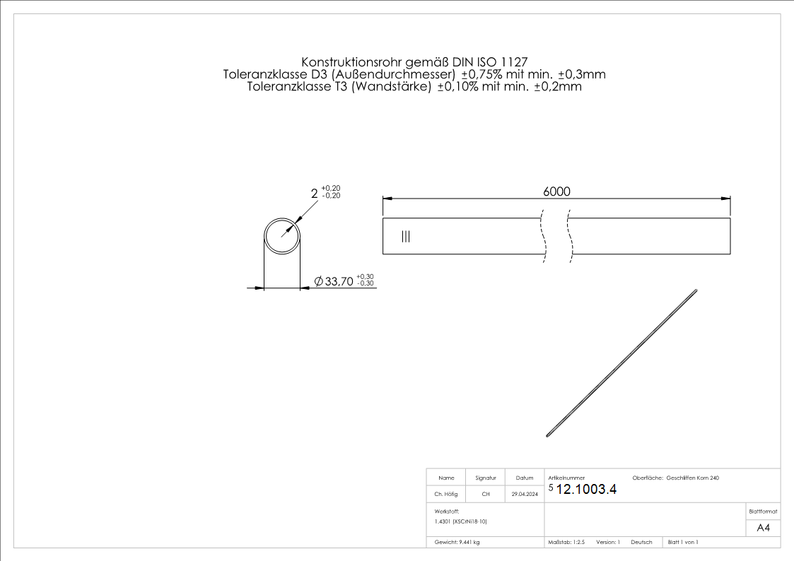 Rundrohr Ø 33-7x2-0 mm V2A á 6 m Edelstahl-12-1003.4