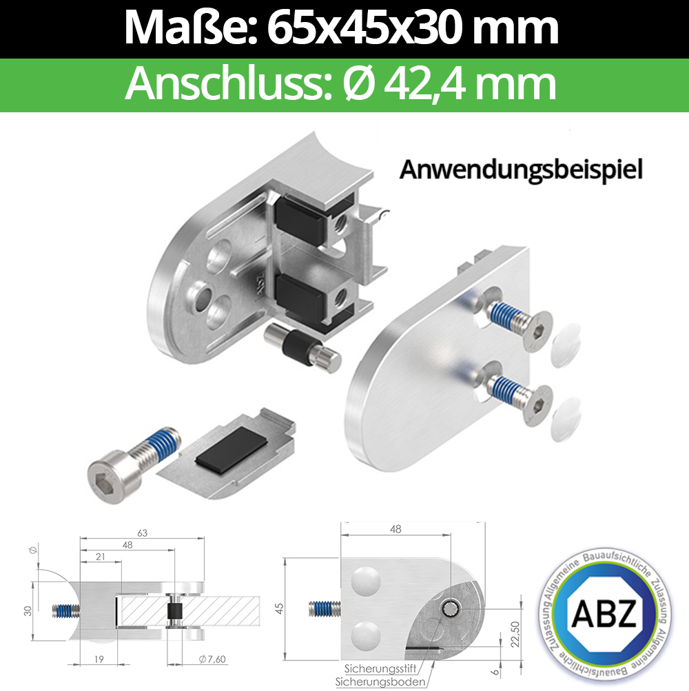 Glasklemme AbZ 63x45x30 mm Flach - Ø 33-7 mm - Ø 42-4 mm - Ø 48-3 mm - 60-3 mm-10-MODELL38-42-9-1.1