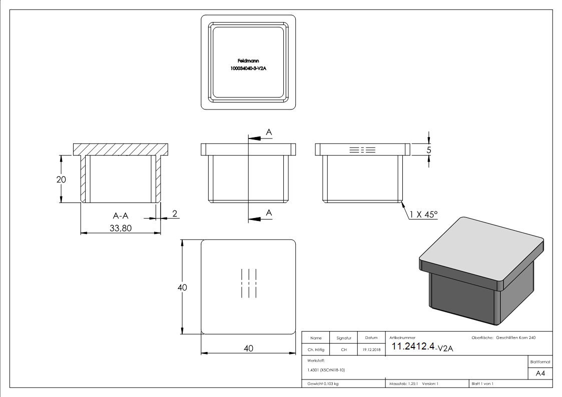Einsteckkappe Edelstahl V2A fuer Quadratrohr 40 x 40 x 3 mm-11-2412.4