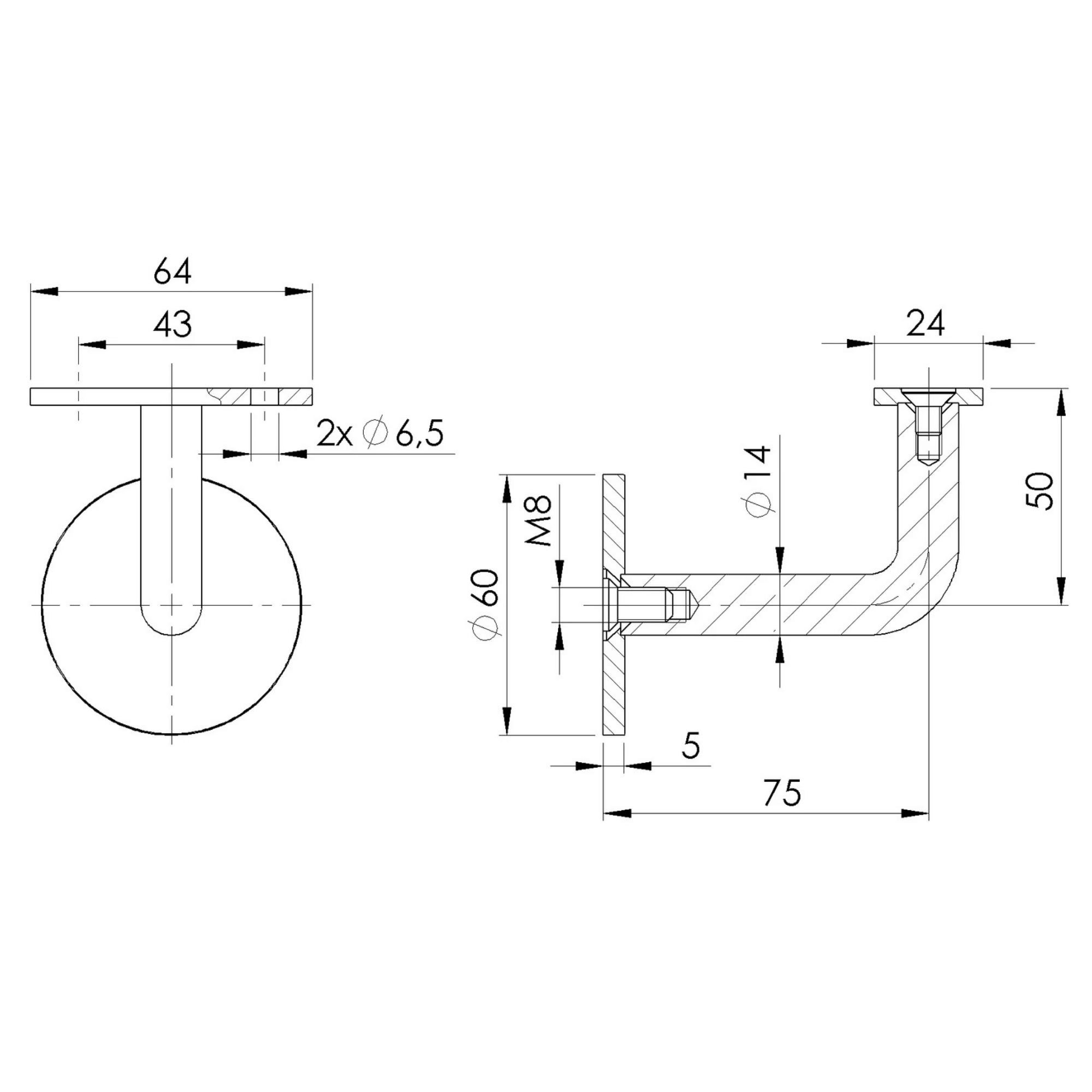 Handlaufhalter RAL 9005 Schwarz - V2A fuer Wandmontage mit Halteplatte flach-11-7001-A.5-B
