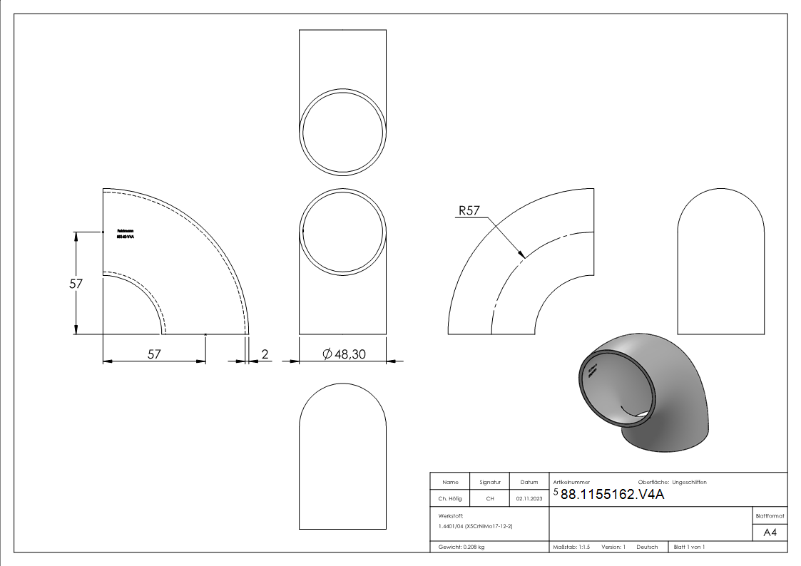 Schweissbogen Edelstahl V4A Ø 48-3 x 2-0 mm 90° ungeschliffen-88-1155162.V4A