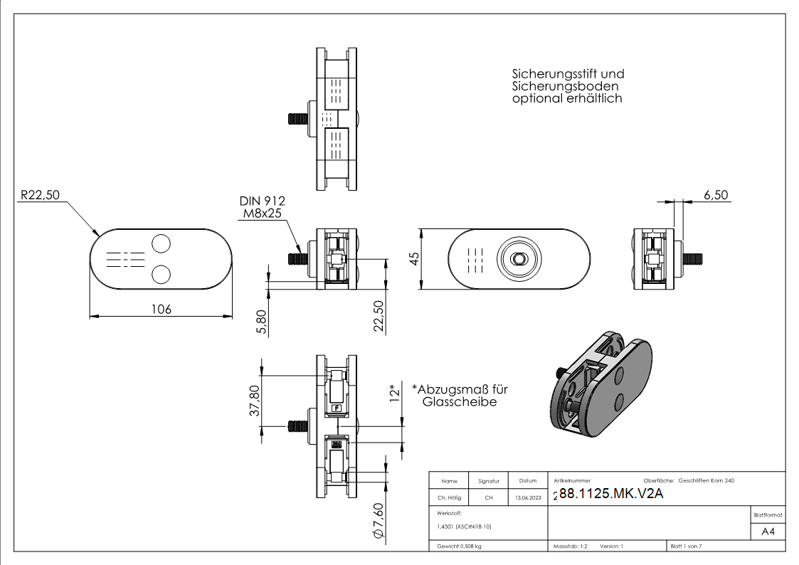 Sichtschutz Mittelglasklemme Mod- 25- in V2A-88-1125-MK.V2A