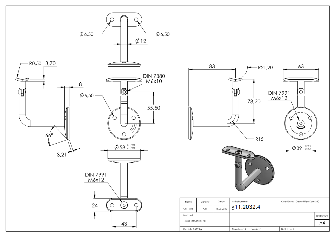 Handlaufhalter V2A Rohr 42-4 mm Ronde 58x4 mm mit Gelenk verschraubt-11-2032.4
