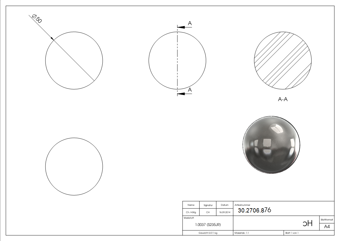Vollkugel Ø 50 mm - massiv glatt - geschmiedet - Stahl S235JR- roh-30-2706.8