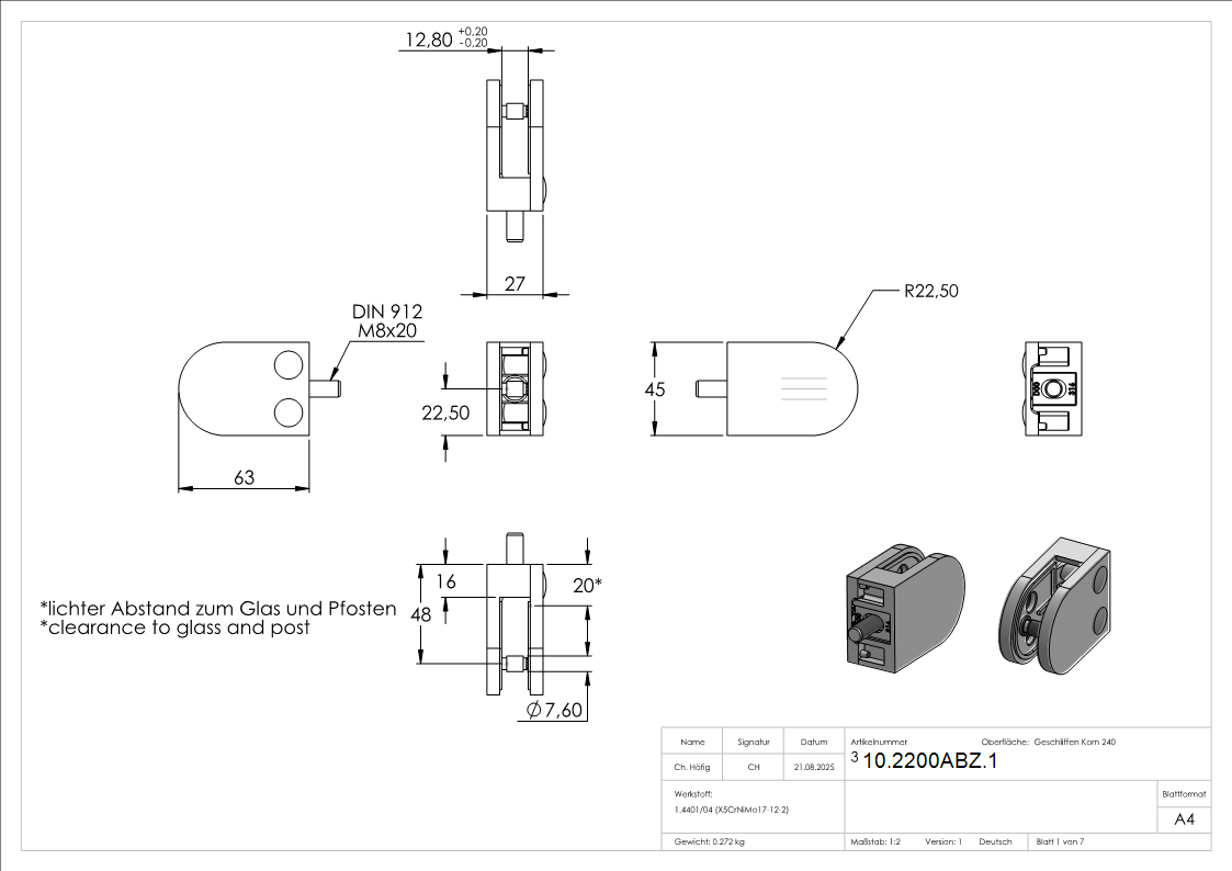 Glasklemme 63x45x28 mm AbZ fuer Anschluss flach V4A-10-2200ABZ.1