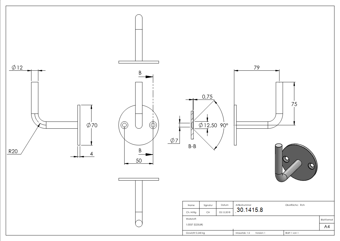 Handlauftraeger Stahl geschliffen Ronde 70x4 mm Buegel 12 mm 2 Loecher gesenkt Anschwei-30-1415.8