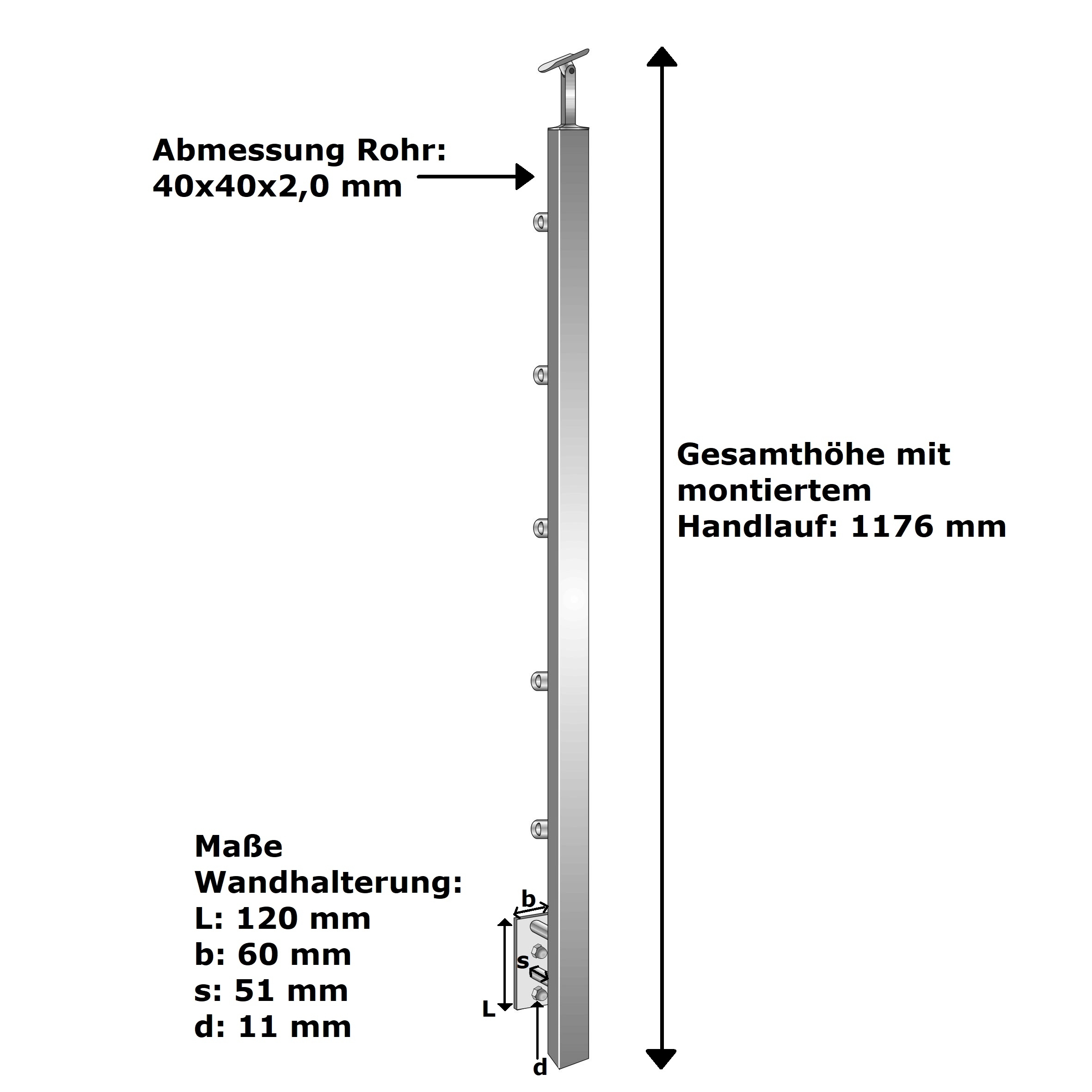 Pfosten V2A 40x40x1000 mm seitlich- 5 Fuellstabhalter d12 mm-14-0087ER-A.4