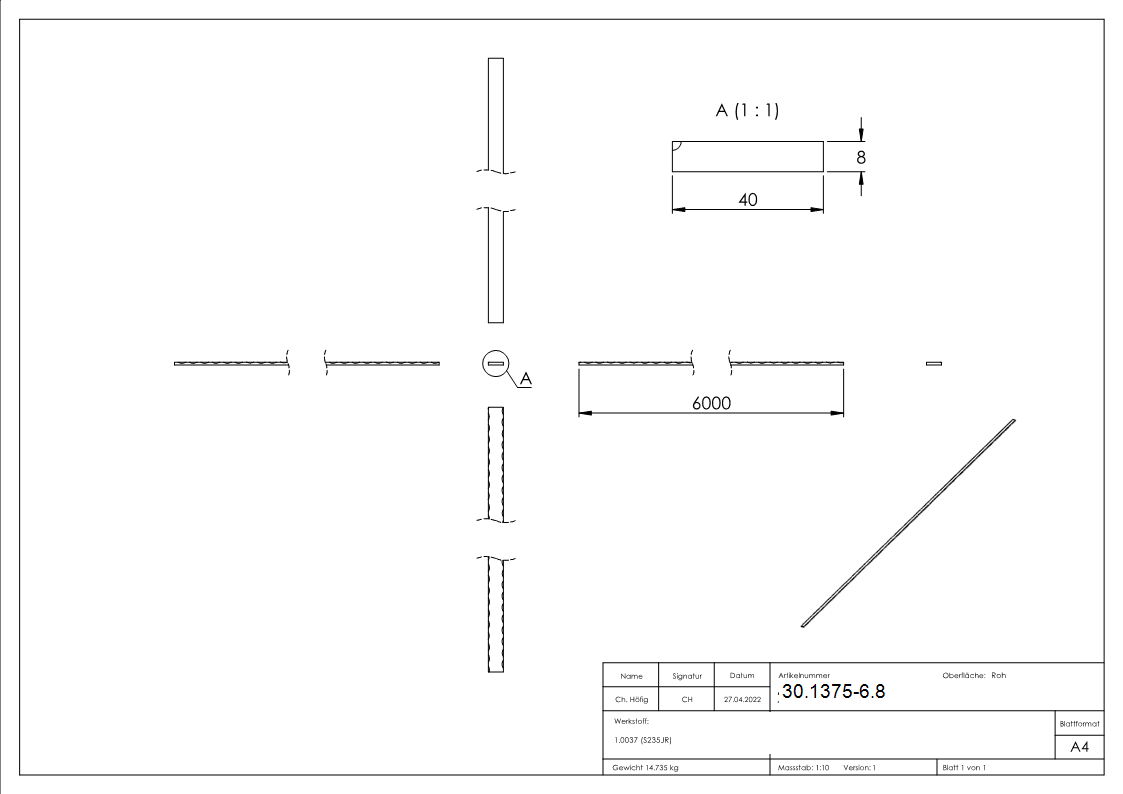 Flacheisen 40x8 mm Kanten gehaemmert 6000mm Schmiedeeisen Antik-30-1375-6.8