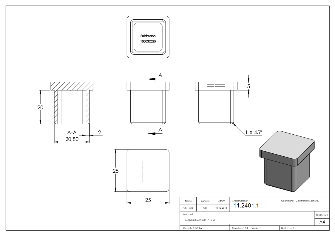 Einsteckkappe V4A fuer Quadratrohr 25 x 25 mm- Wandstaerke 2-0 mm-11-2401.1