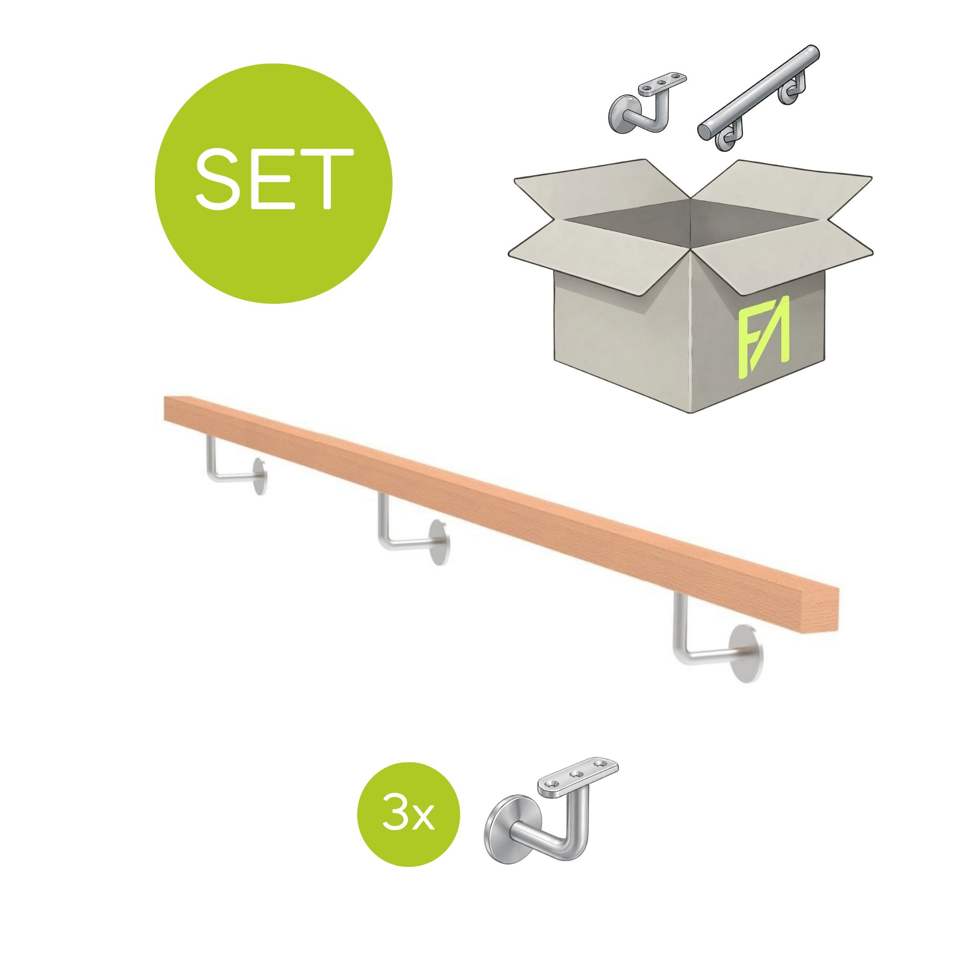 Wandhandlauf Set Buche mit Edelstahlhaltern 40 x 40 mm 2500 mm lang roh-89-11WBJPM2500-A.4