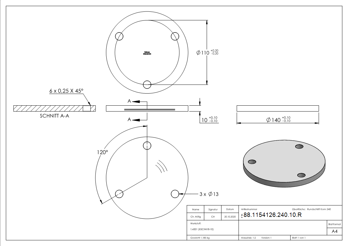 Ankerplatte Ø 140 x 10mm- mit Rundschliff- V2A-88-1154126-240-10.R