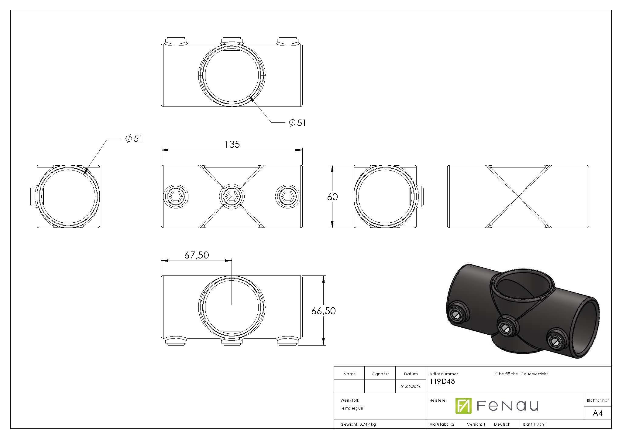 Rohrverbinder - Kreuzstueck durchgehend - 119D48 - 48-3 mm - 1 1-2- - Feuerverzinkt u. Elektrogalvanisiert-119D48