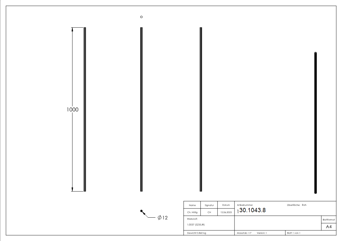 Zwischenstab - Laenge- 900 mm - Material- 12 mm - rund gehaemmert - Stahl S235JR- roh-30-1043.8