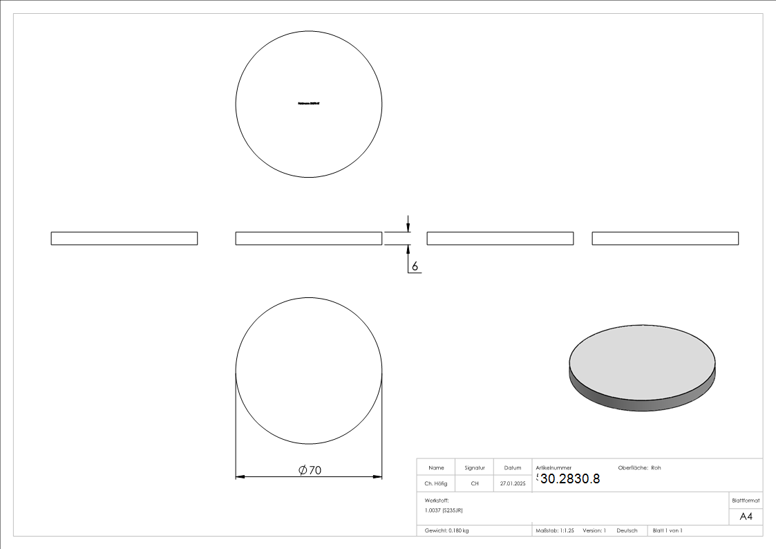 Ronde - Ø 70x6 mm - Stahl S235JR- roh-30-2830.8